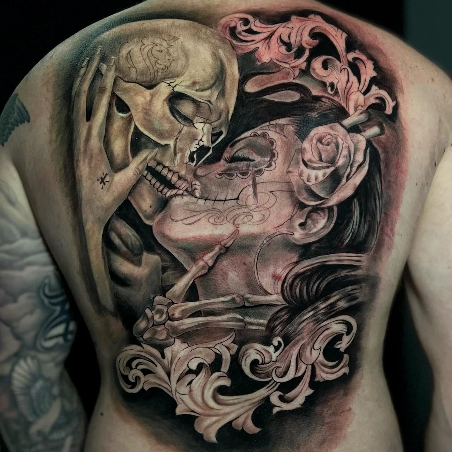 Black and grey skull and woman back piece with filigree